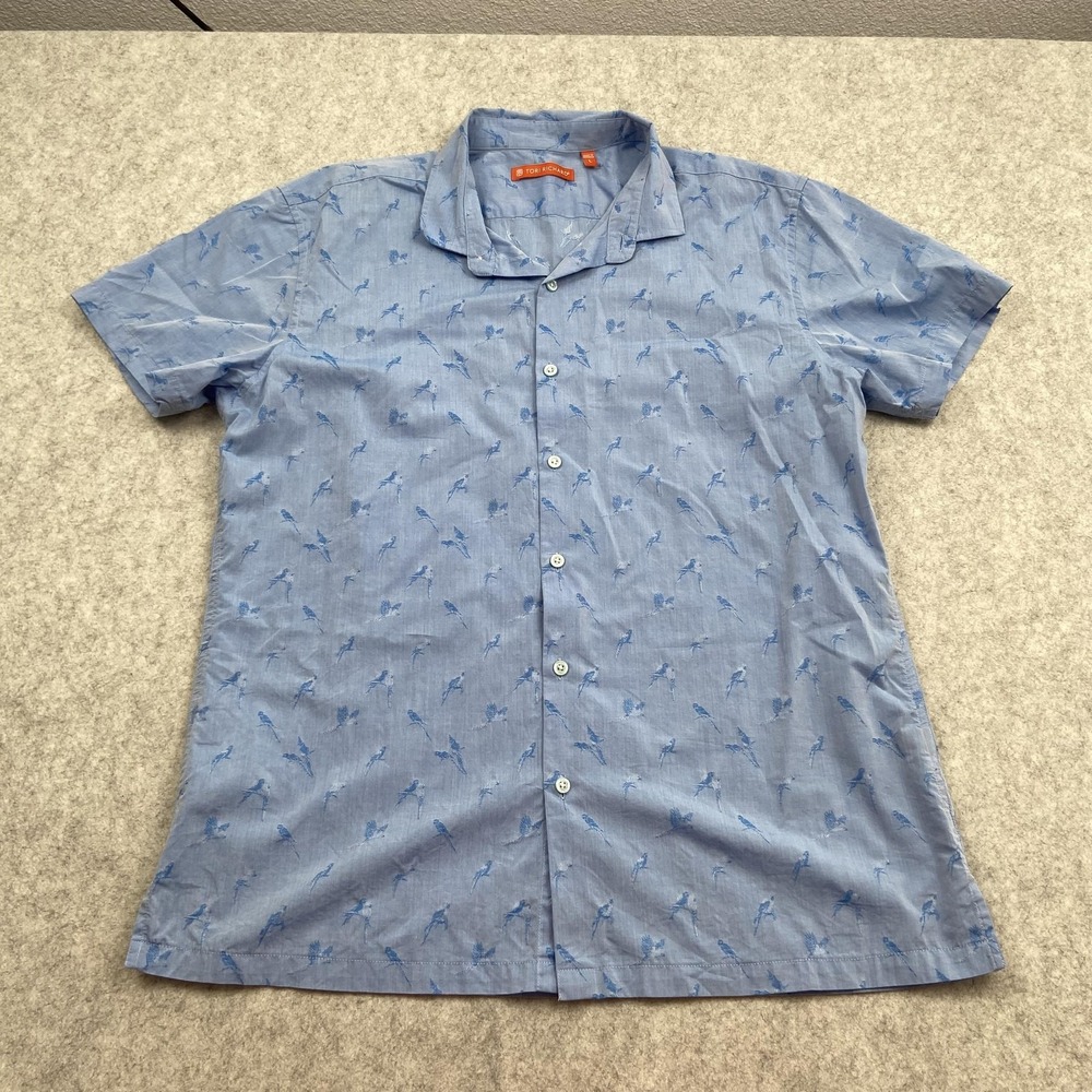Tori Richard Shirt Mens Large Blue Bird Print Short Sleeve Button Up Casual